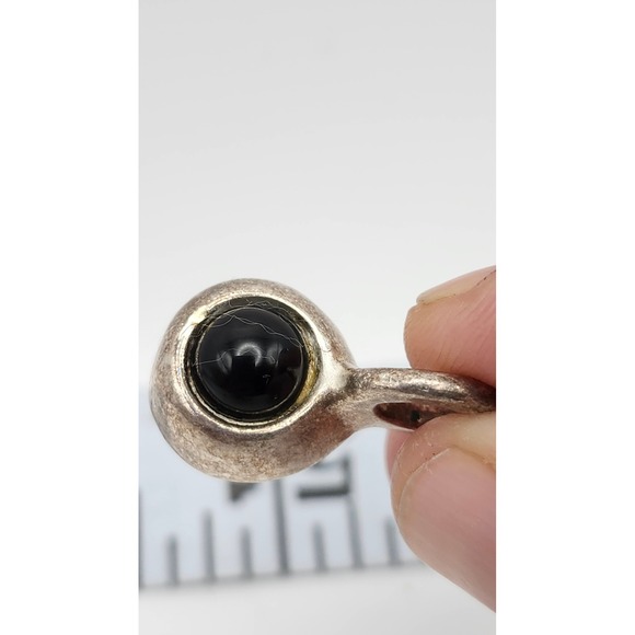 Sterling Silver Pendant Round Black Onyx Cabochon Enhancer Retro Style - Picture 1 of 6